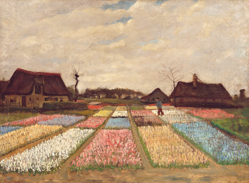 Bulb Fields by Vincent van Gogh: strips of white, pink, yellow and blue hyacinths running toward thatched farmhouses