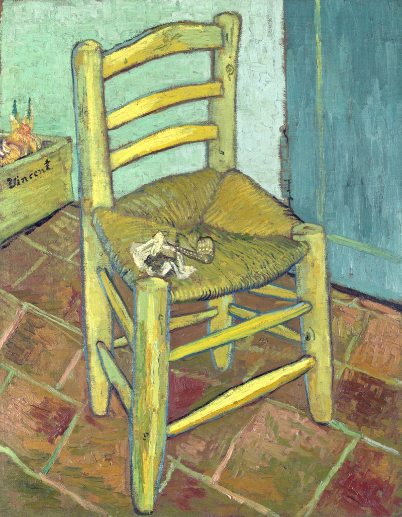 Van Gogh’s Chair: a plain yellow wooden chair with a straw seat on a red tiled floor, a pipe and tobacco on the seat