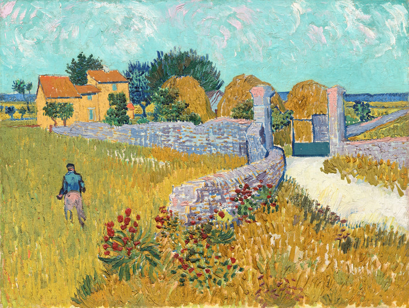 Farmhouse in Provence by Vincent van Gogh: an orange-roofed farmhouse behind a stone wall, golden grass, a turquoise sky
