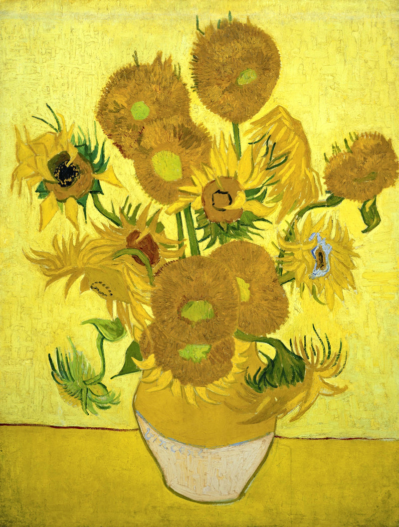 Sunflowers by Vincent van Gogh: fifteen sunflowers in a yellow vase against a yellow wall, yellow on yellow