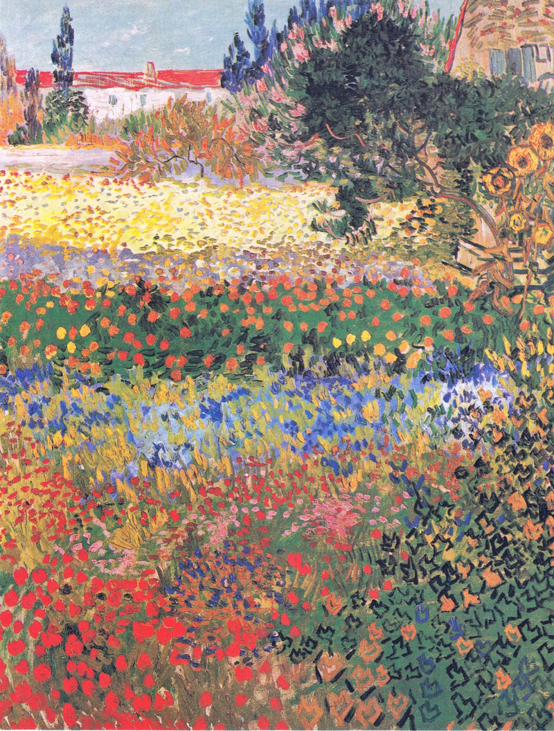 Flowering Garden by Vincent van Gogh: a tall garden of red poppies and yellow, white and blue flowers, a red roof at the top