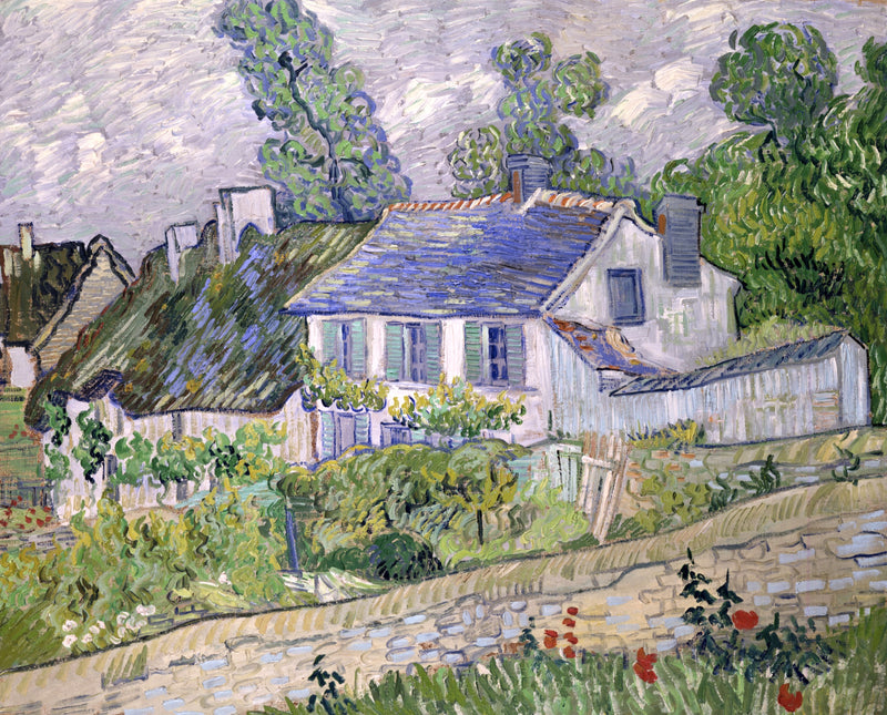 Houses at Auvers by Vincent van Gogh: a white house with a blue roof beside thatched cottages under a cloudy sky