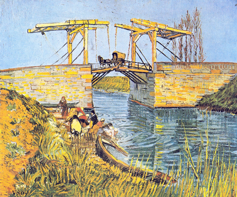 The Langlois Bridge by Vincent van Gogh: a yellow drawbridge with a cart crossing and women washing linen below