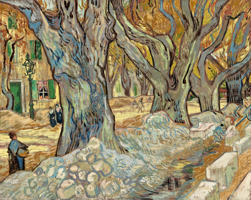 The Large Plane Trees by Vincent van Gogh: huge plane trunks with yellow leaves over a street being dug up by workmen