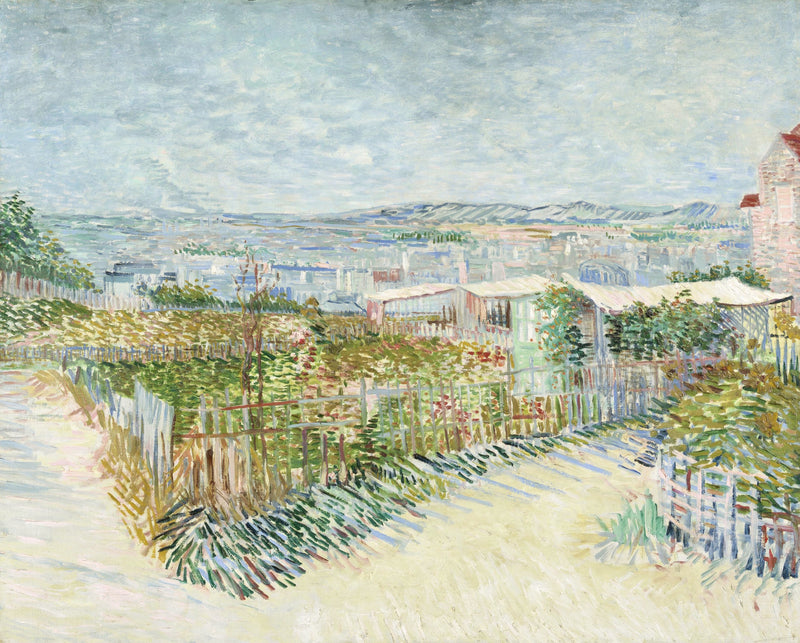 Montmartre by Vincent van Gogh: kitchen gardens, fences and sheds on a hillside with Paris pale and hazy below