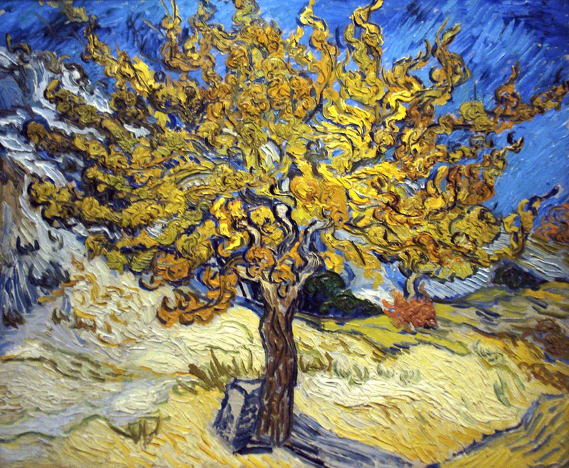 The Mulberry Tree by Vincent van Gogh: a tree of blazing yellow and orange leaves against a deep blue sky