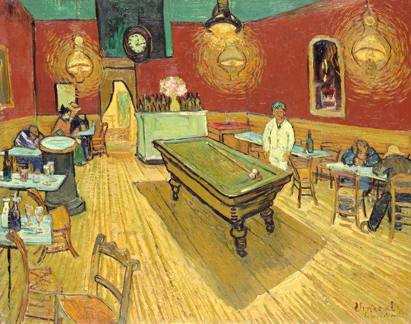 The Night Café by Vincent van Gogh: a red-walled café with a green ceiling, gaslights, a billiard table and late drinkers