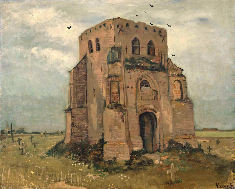 The Old Cemetery Tower at Nuenen by Vincent van Gogh: a ruined square tower in a field, small wooden crosses, crows