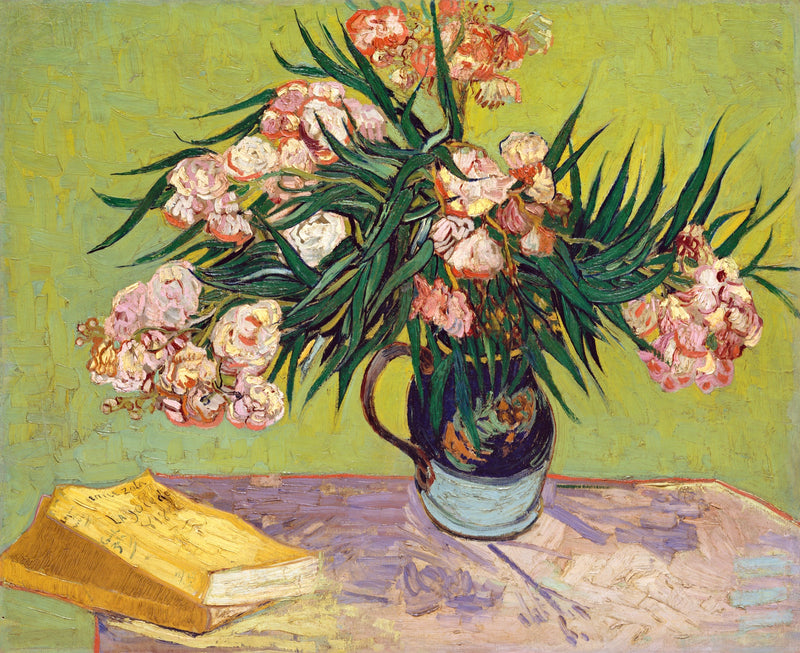 Oleanders by Vincent van Gogh: pink oleanders and long green leaves in a green jug, two yellow books on the table