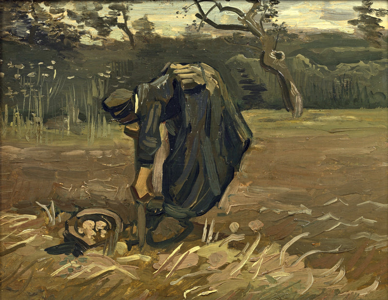 Peasant Woman Digging Up Potatoes by Vincent van Gogh: a woman bent double digging potatoes in dark brown earth