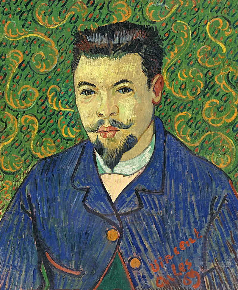 Portrait of Doctor Rey by Vincent van Gogh: a young doctor in a blue jacket against a green background of curling patterns