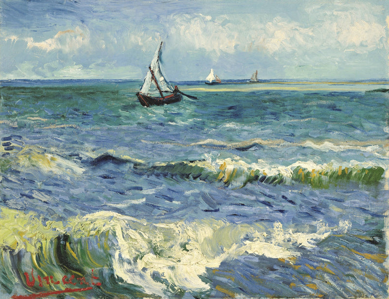 Seascape near Les Saintes-Maries by Vincent van Gogh: green and blue waves with white crests and three sailing boats