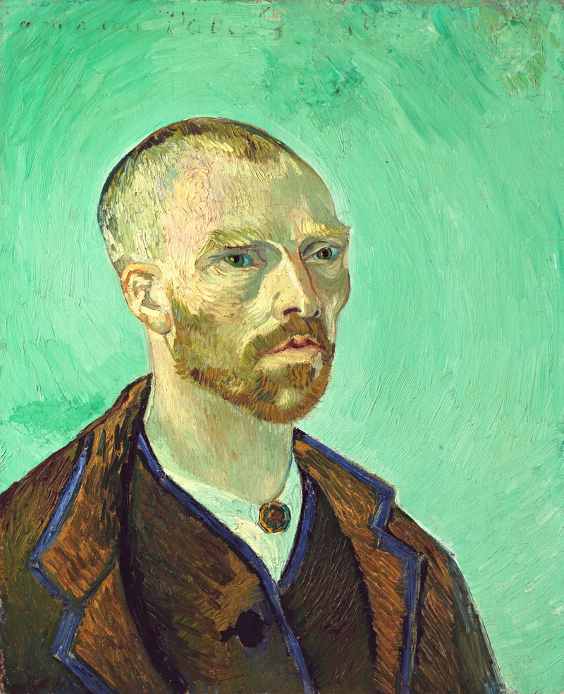 Self-Portrait Dedicated to Gauguin by Vincent van Gogh: the artist with a shaved head and ash-coloured face on pale green
