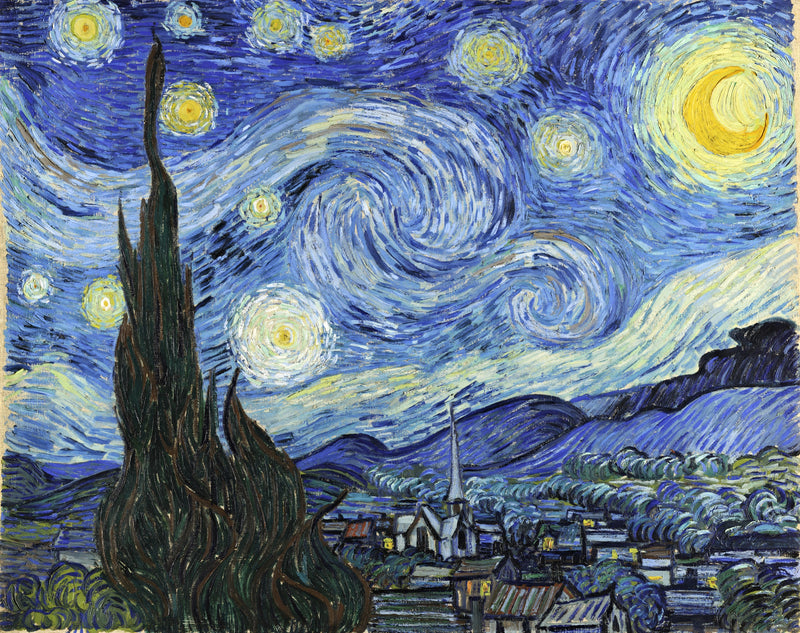 The Starry Night by Vincent van Gogh: a swirling blue night sky, crescent moon and stars over a village, a dark cypress
