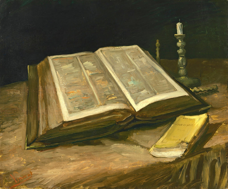 Still Life with Bible by Vincent van Gogh: a large open Bible beside a small yellow book and a snuffed candle, on black