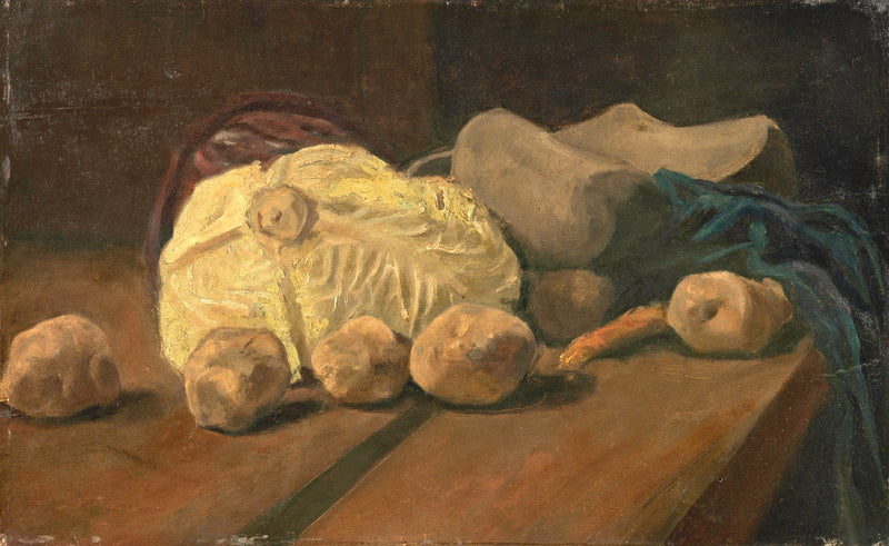 Still Life with Cabbage and Clogs by Vincent van Gogh: a white cabbage, wooden clogs and potatoes on a dark table
