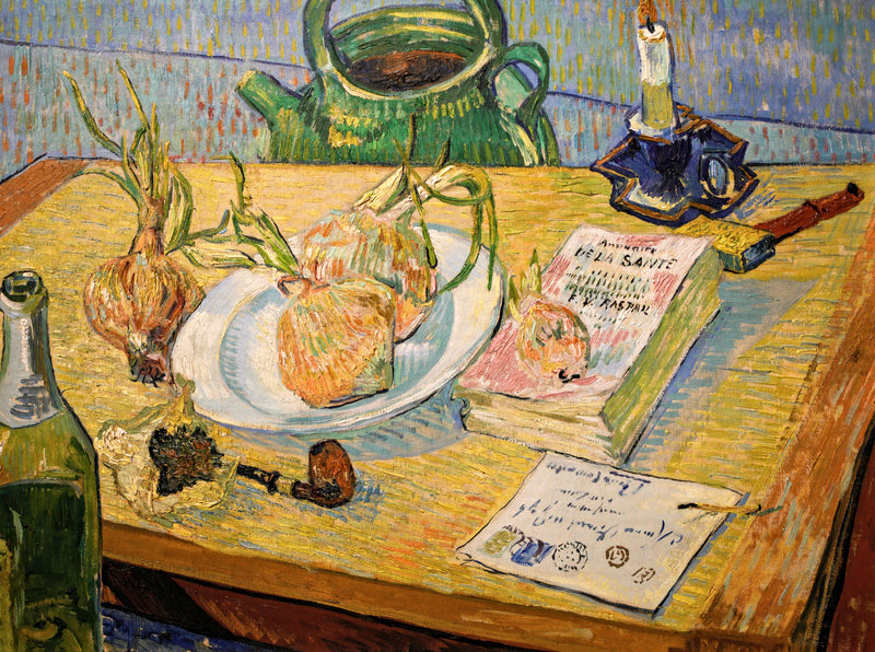 Still Life with a Plate of Onions by Vincent van Gogh: onions, a pipe, a book, a letter and a candle on a drawing board