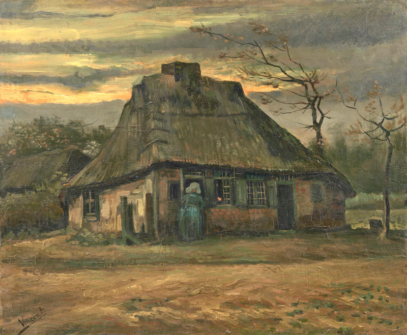 The Cottage by Vincent van Gogh: a low thatched cottage at dusk under a stormy sky, a woman in the doorway