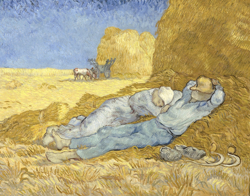 The Siesta by Vincent van Gogh: two harvesters asleep in the shade of a haystack, golden hay and a blue sky