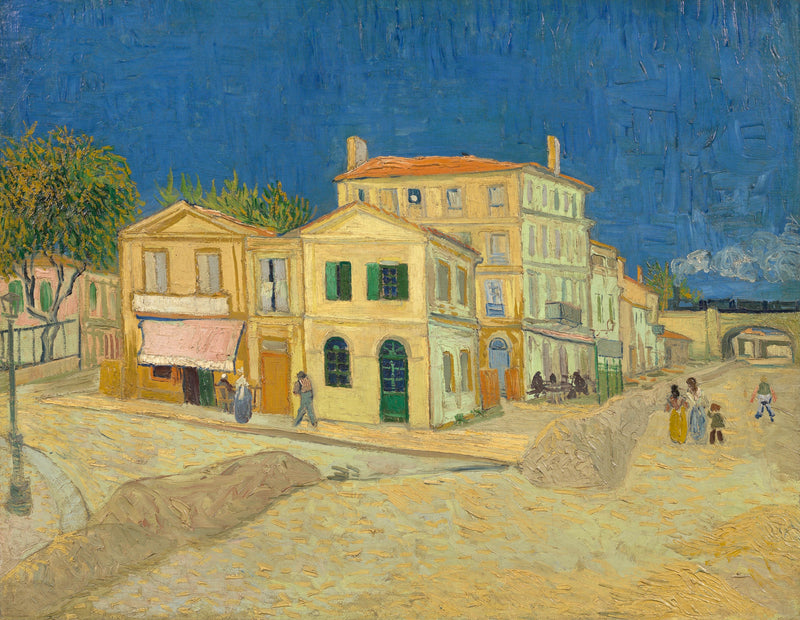 The Yellow House by Vincent van Gogh: a yellow corner house with green shutters under a deep blue sky, a street in front