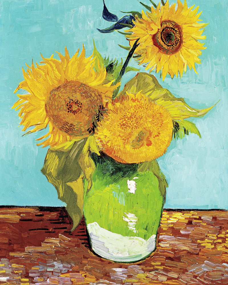 Three Sunflowers in a Vase by Vincent van Gogh: three big sunflowers in a green vase on an orange table, turquoise ground
