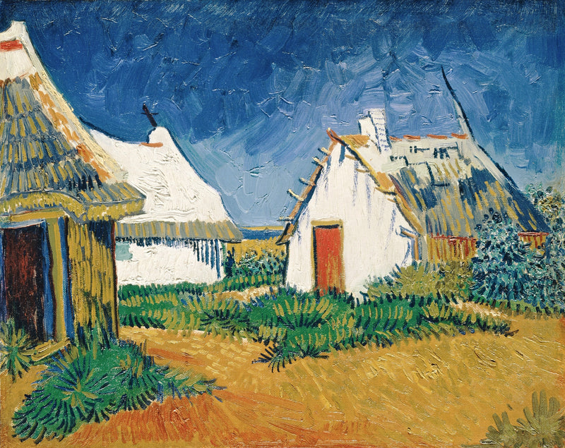 Three White Cottages in Saintes-Maries by Vincent van Gogh: white thatched cottages under a deep blue sky, a red-earth road
