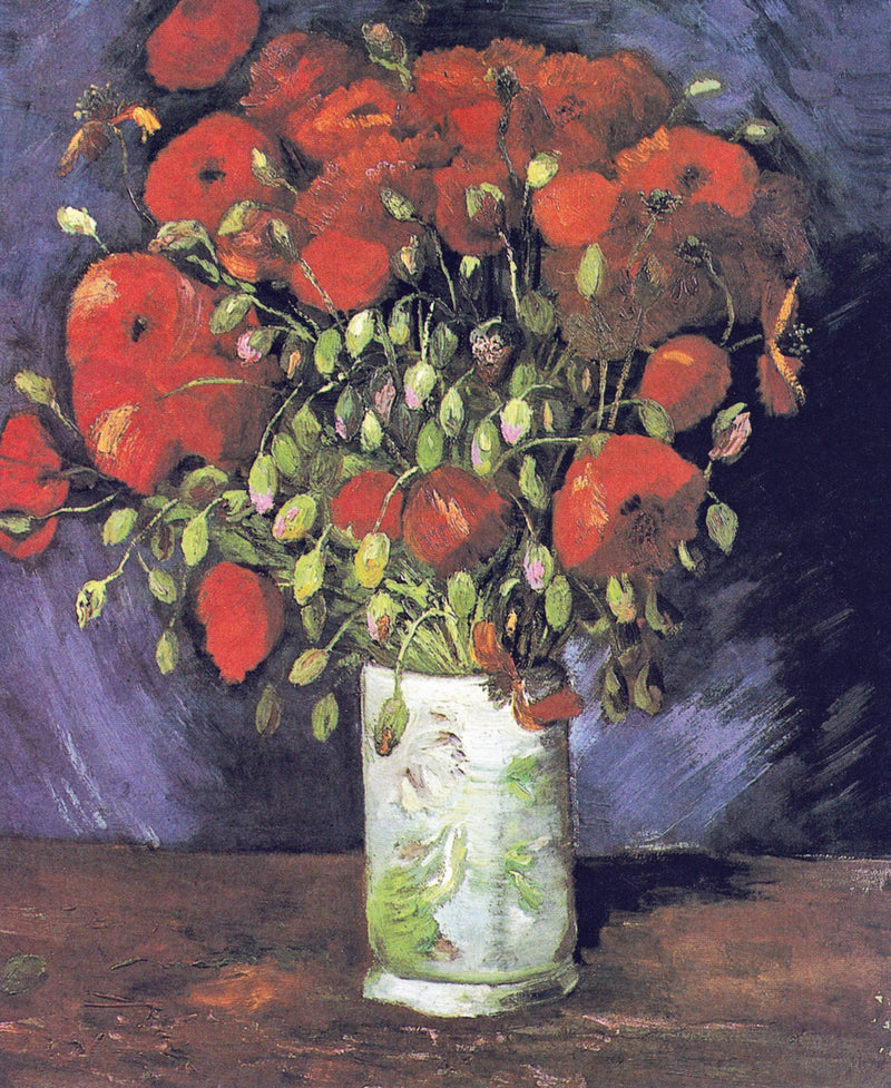Vase with Red Poppies by Vincent van Gogh: red poppies and green seed heads in a white flowered vase on a dark ground