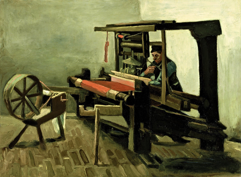 Weaver by Vincent van Gogh: a weaver at a huge dark wooden loom with red cloth, a spinning wheel beside it