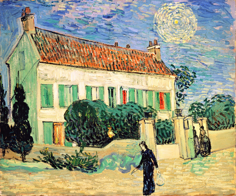 White House at Night by Vincent van Gogh: a white house with green shutters and a red roof under a blue evening sky