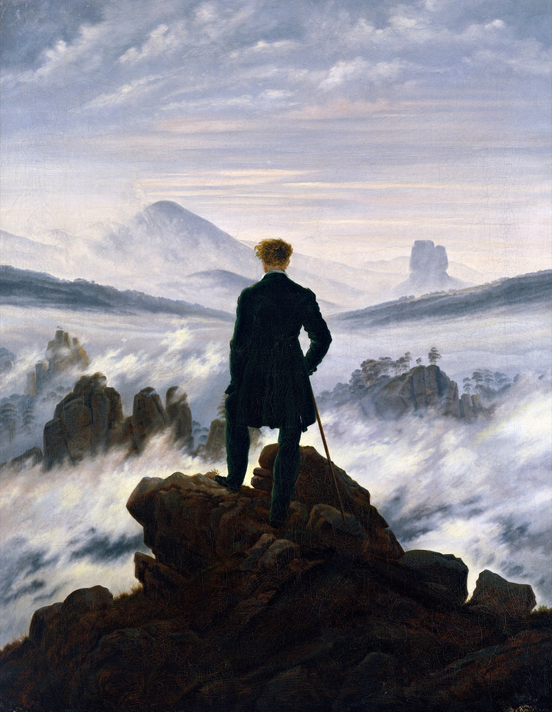 Wanderer Above the Sea of Fog by Caspar David Friedrich: a man in a dark coat on a rock, looking out over a sea of fog