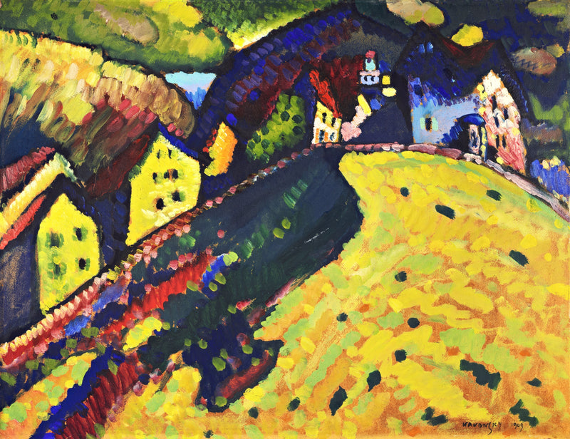 Houses at Murnau by Wassily Kandinsky: yellow houses on a golden hillside under dark blue sky, in bold strokes
