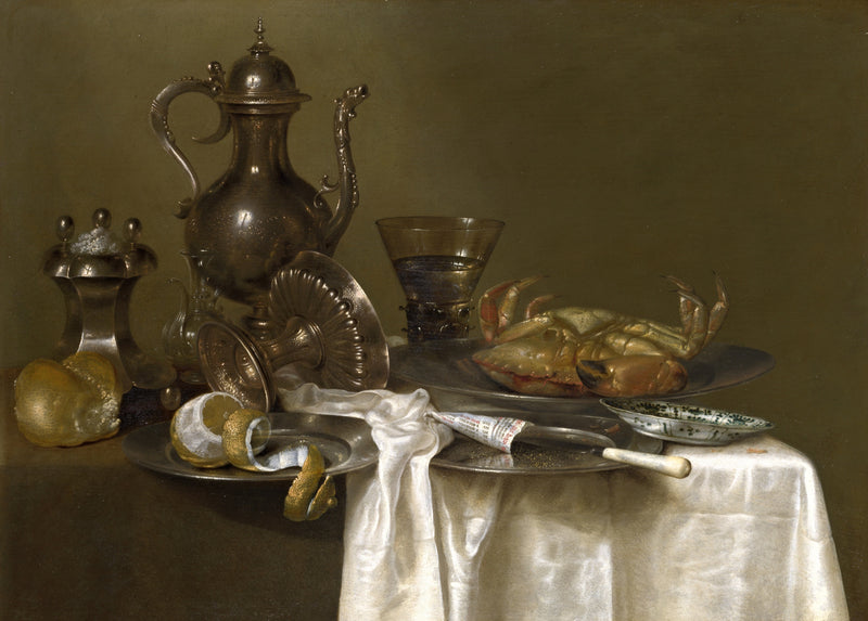 Still Life by Willem Claesz. Heda: a pewter jug, silver tazza, a crab, lemons and a knife on a white damask cloth