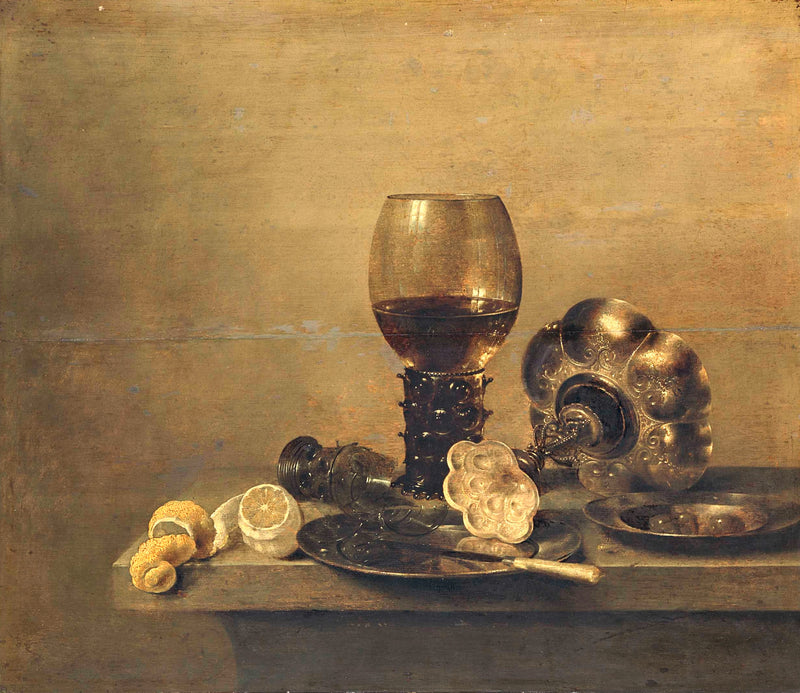 Still Life with a Broken Glass by Heda: a roemer of wine, a toppled silver bowl, a broken glass and a lemon on a table corner