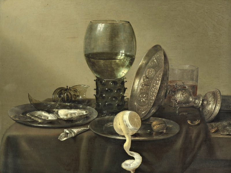 Still Life by Heda: a tall roemer of wine, a silver bowl on its edge, oysters and a peeled lemon on pewter plates