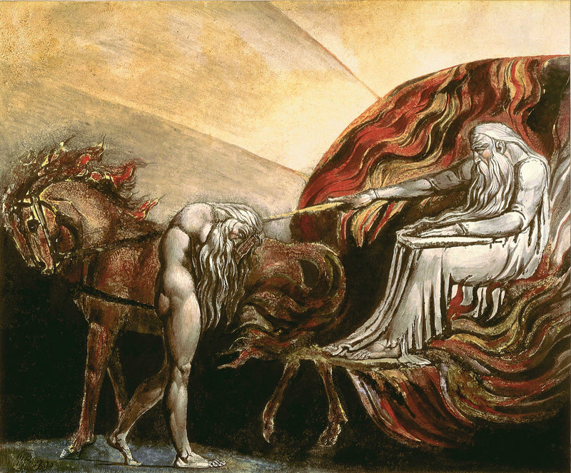 God Judging Adam by William Blake: an old God in white on a chariot of flames, horses before him and Adam bowed at his side