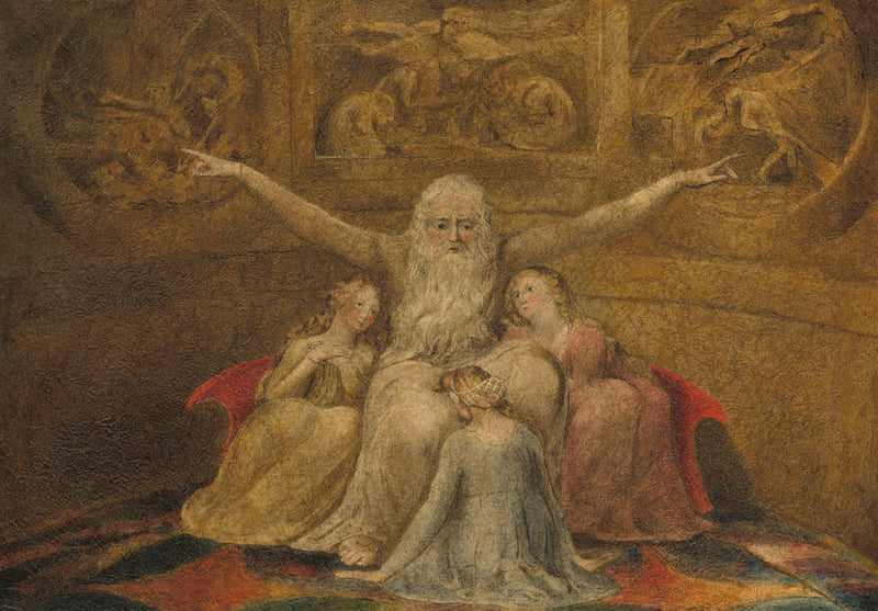 Job and His Daughters by William Blake: an old bearded man, arms spread wide, among three young women in a golden room
