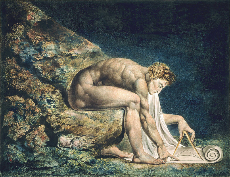 Newton by William Blake: a muscular nude man crouched on a coral-covered rock, drawing with a compass on a scroll