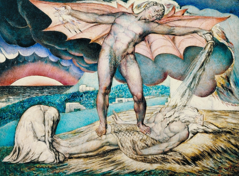 Satan Smiting Job with Sore Boils by William Blake: a winged nude Satan stands on Job, pouring boils from a vial