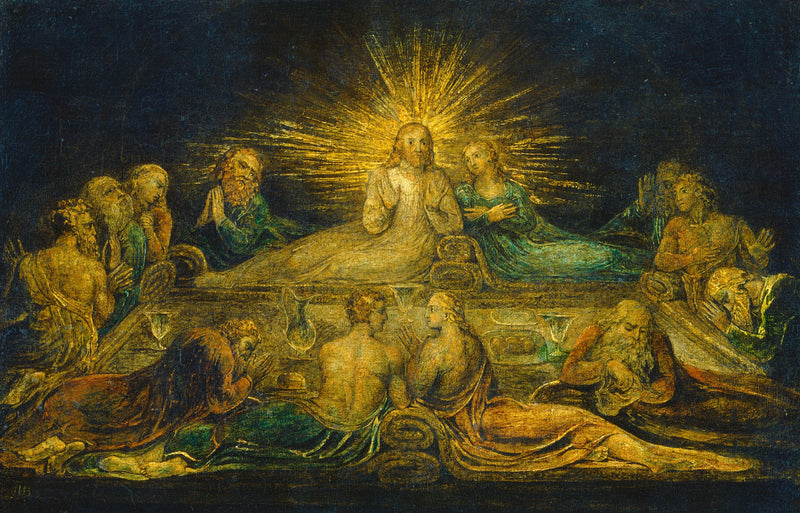 The Last Supper by William Blake: Jesus in a burst of gold light at a long table, disciples reclining around him