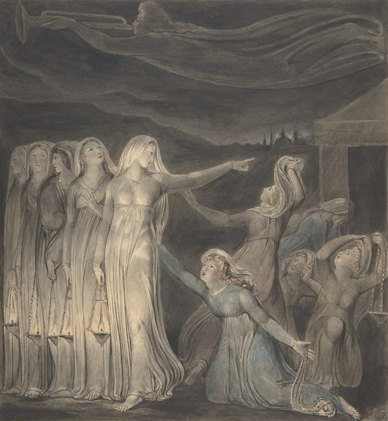 The Wise and Foolish Virgins by William Blake: women holding lamps stand calm while others kneel and plead in grey night