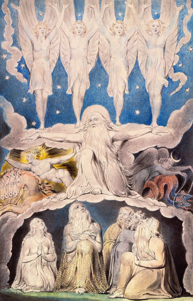 When the Morning Stars Sang Together by William Blake: four winged angels, arms raised, in a starry sky above God