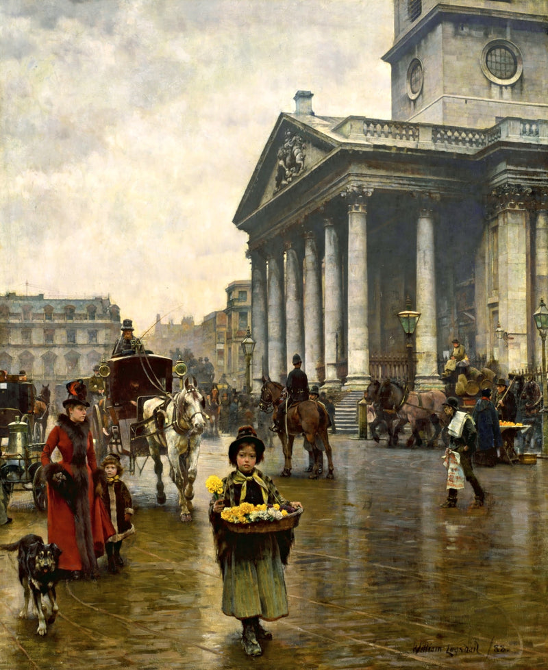St Martin-in-the-Fields by William Logsdail: a girl with a flower basket on a wet street before the columned church