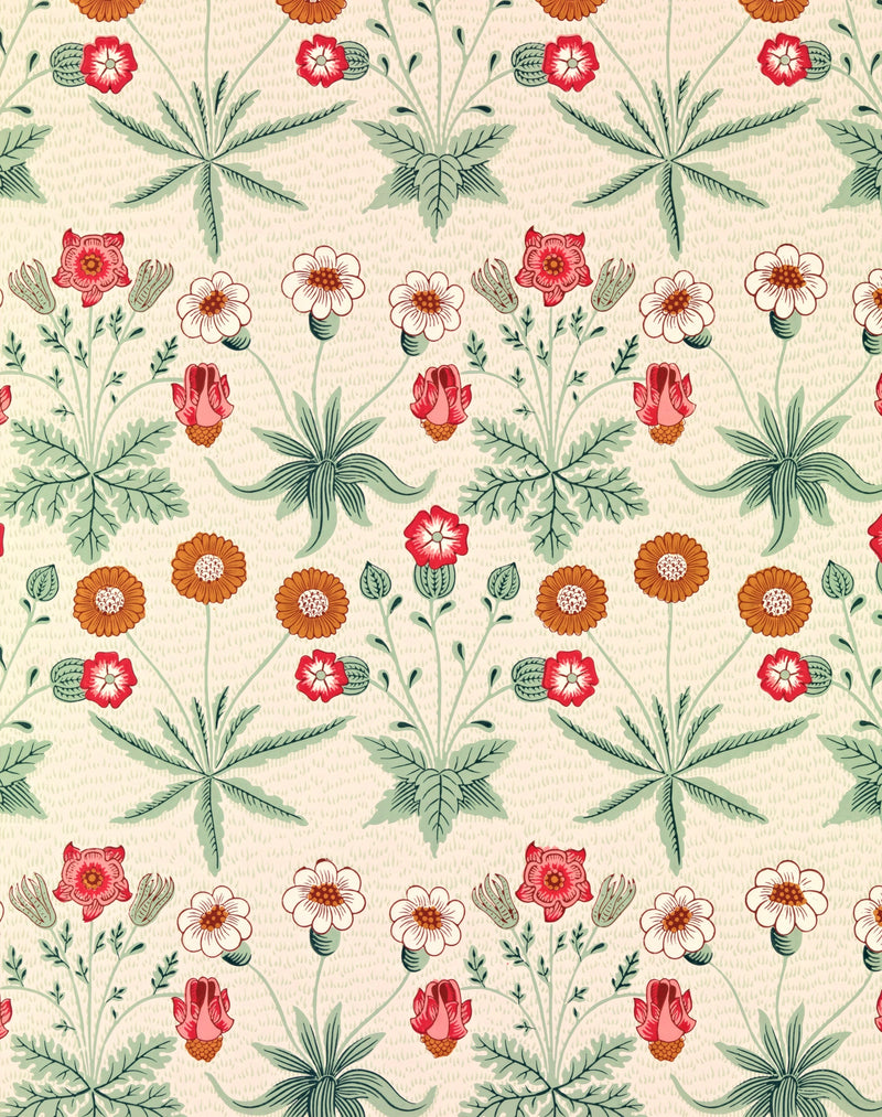 Daisy by William Morris: rows of small red, white and yellow flowers with green leaves on a pale cream ground