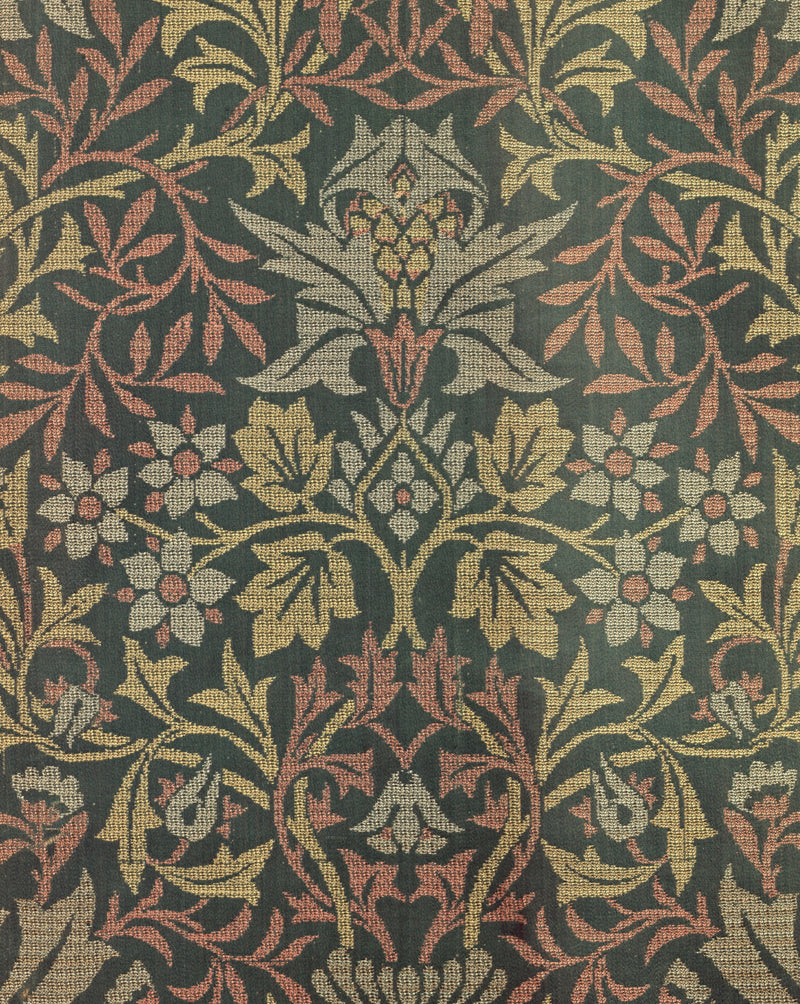 Flower Garden by William Morris: flowers and leaves woven in rose, pale blue and gold on a deep green silk ground