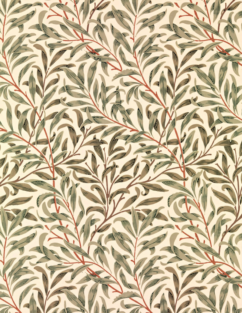 Willow Bough by William Morris: an all-over pattern of slender green willow leaves on thin winding branches, on a pale ground