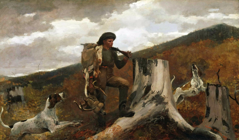 A Huntsman and Dogs by Winslow Homer: a hunter with antlers and a pelt beside a cut stump, two hounds, autumn hills