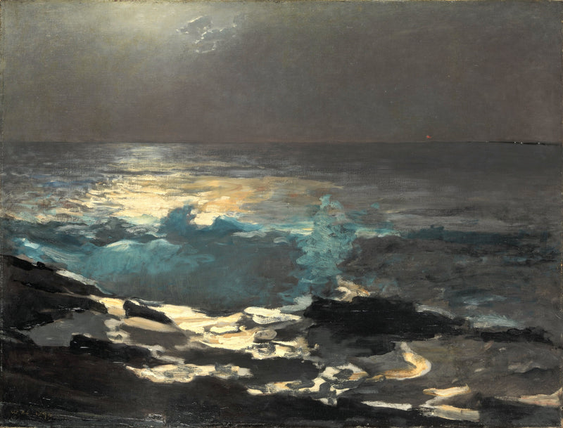Moonlight, Wood Island Light by Winslow Homer: moonlight on dark waves and wet rocks, a tiny red lighthouse light far off