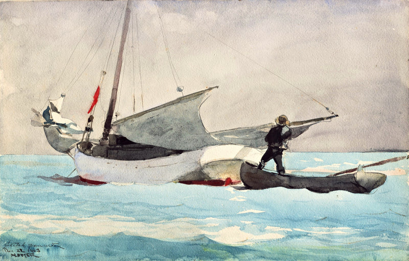 Stowing Sail by Winslow Homer: a sailor standing on a small boat gathering a white sail over bright turquoise water