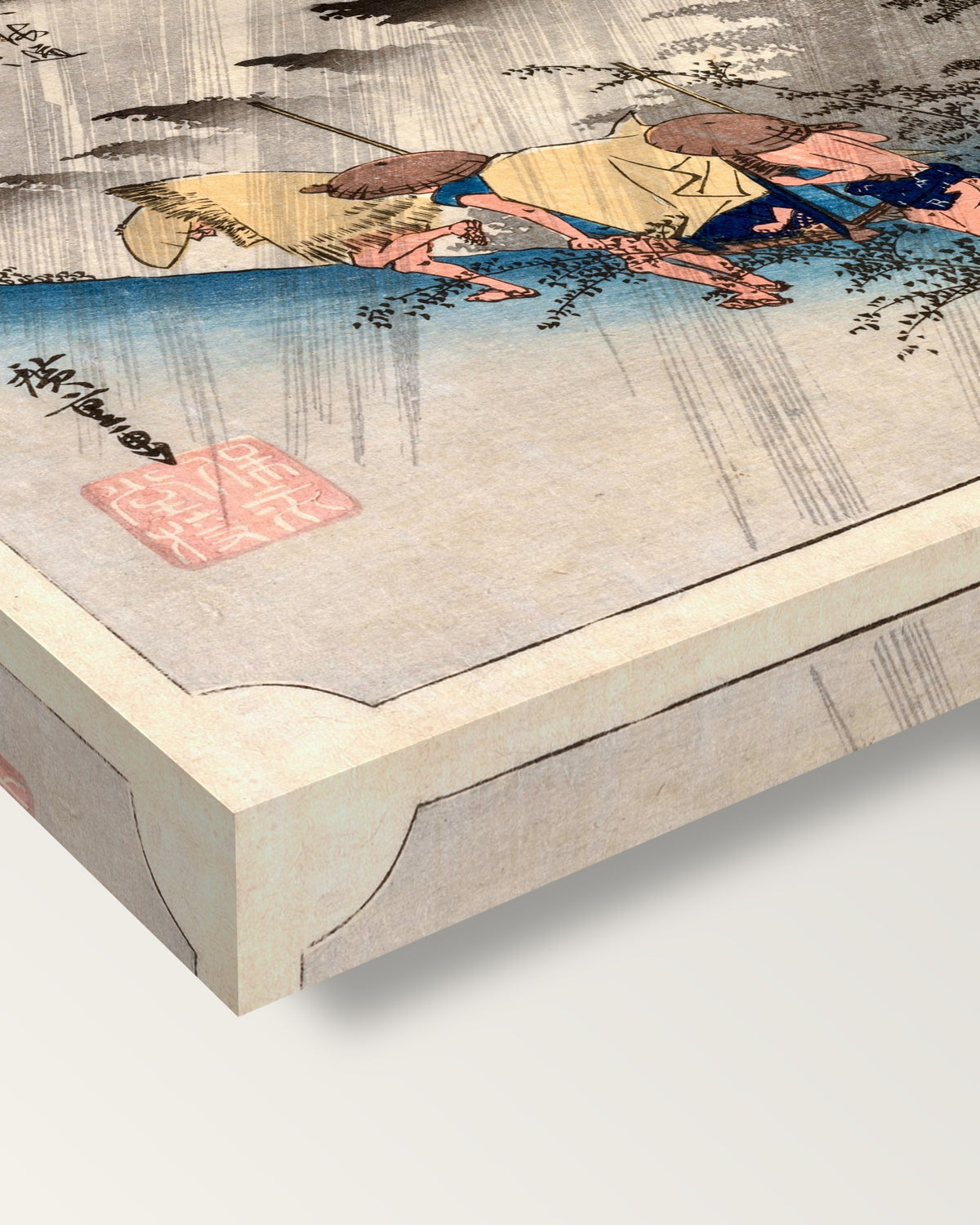 Driving Rain at Shōno by Utagawa Hiroshige on stretched canvas, corner close-up: the painting mirror-wrapped round the sides