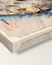Driving Rain at Shōno by Utagawa Hiroshige on stretched canvas, corner close-up: the painting mirror-wrapped round the sides